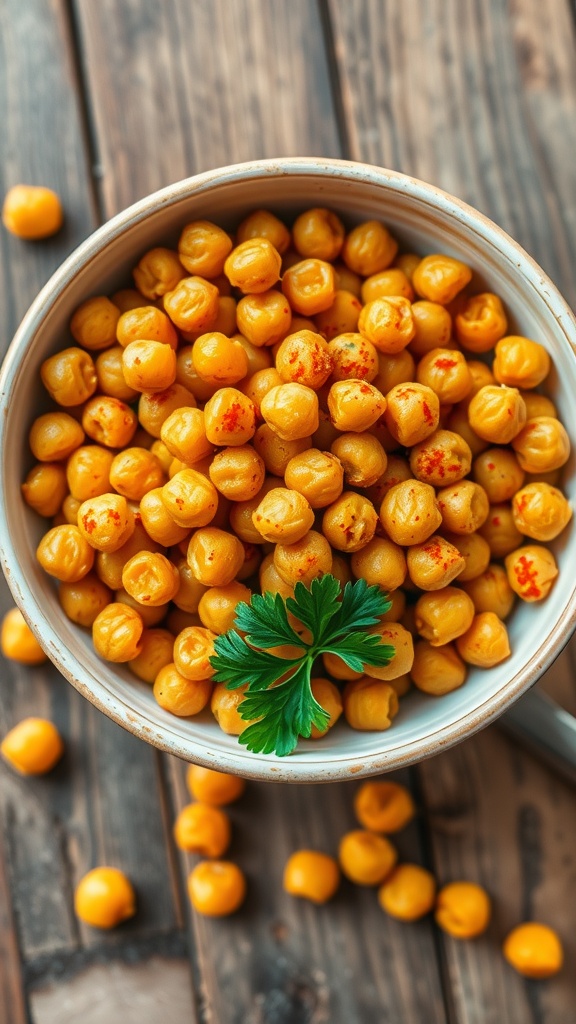 Crispy golden garbanzo beans in a bowl, garnished with parsley and paprika on a wooden table.
